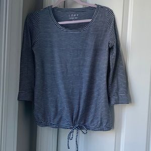 Navy blue striped 3/4 length sleeve LOFT vintage soft SP shirt cinched tie waist